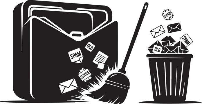 Email cleanup concept vector, broom sweeping spam and junk mail from inbox to trash, digital decluttering and inbox zero illustration