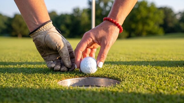 Hands placing golf ball beside hole on putting green