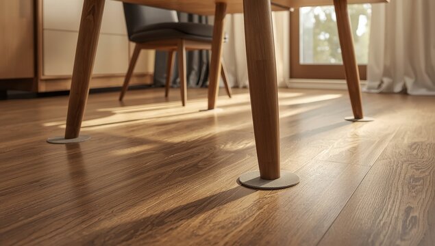 A self-adhesive pad is attached to the table leg to prevent surface damage. Furniture setup and adjustment.