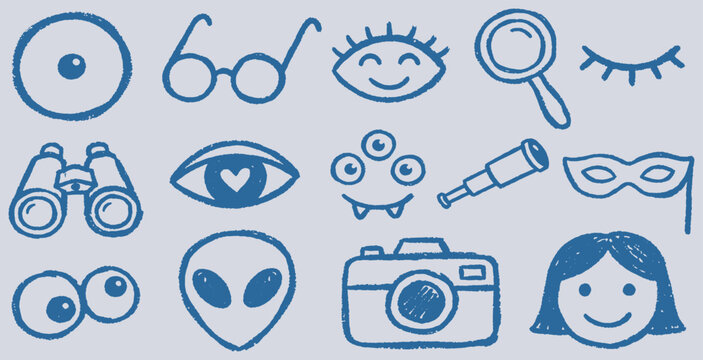 A collection of hand-drawn doodle icons representing vision, observation, and curiosity.