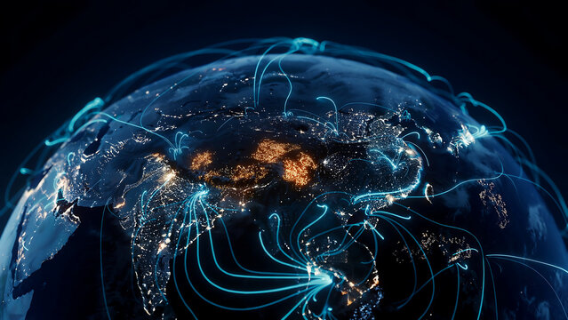 Digital earth globe showing glowing asian continent with network data lines