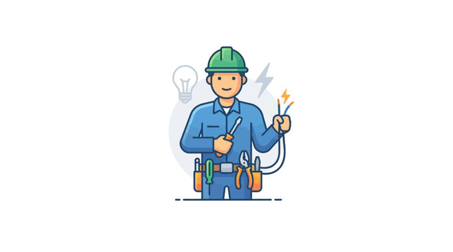 Cartoon electrician with tool belt.