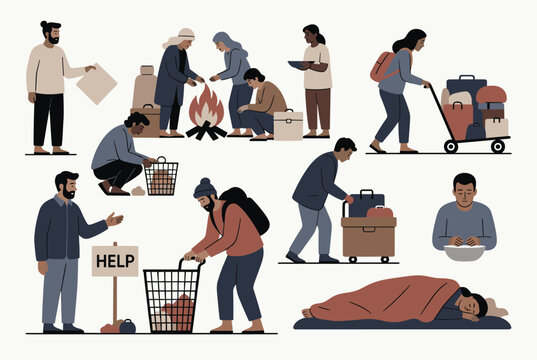 Collection of flat illustrations depicting homeless and displaced people in various situations like seeking help, sleeping, and moving with belongings.