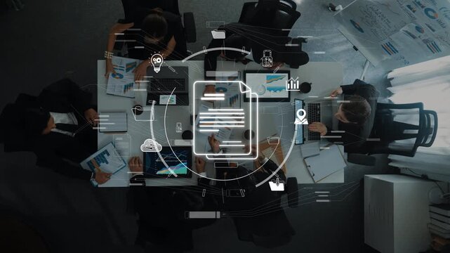 Aerial view of a collaborative business meeting using technology and data visualization to enhance teamwork, creativity, and strategic decision-making in a modern office setting. Raster