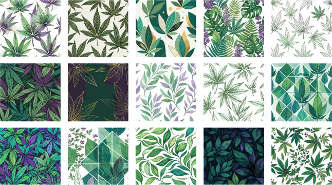 Cannabis and Marijuana Leaf Seamless Pattern Set with Tropical Monstera Palm Foliage Geometric Backgrounds and Gold Outlines for Wellness Product Packaging