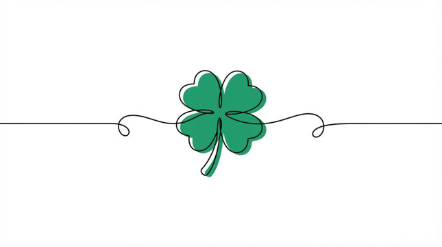 Minimalist four leaf clover vector illustration with continuous line art and green color block accent