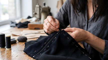 Fototapeta premium A woman carefully sewing black fabric by hand with needle and thread.