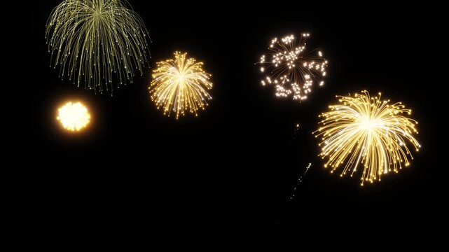 A stunning night sky display featuring a series of vibrant fireworks exploding into the darkened heavens