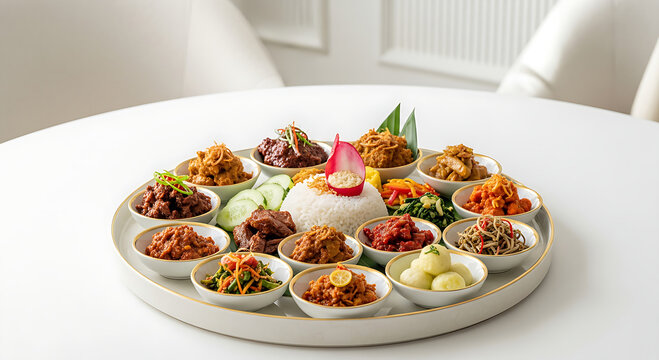 Assorted Indonesian rijsttafel dishes on white platter.