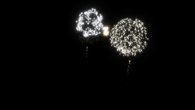 A dynamic fireworks display with intricate patterns evolving into a spectacular finale against a deep black sky