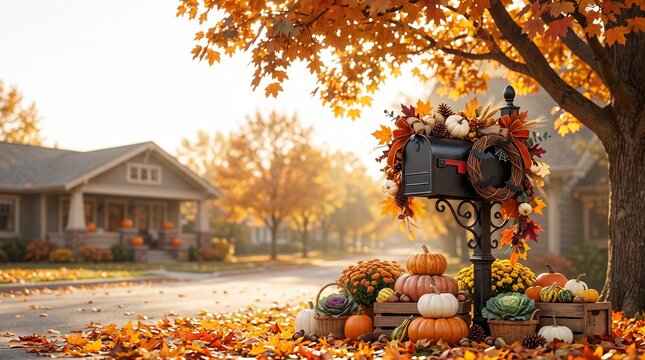 Beautifully decorated autumn mailbox with pumpkins and colorful fall foliage in front of a suburban home