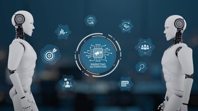 Two humanoid robots exchange ideas about marketing automation, highlighted by various icons representing data analytics and modern digital strategies in a sleek environment. Synapse