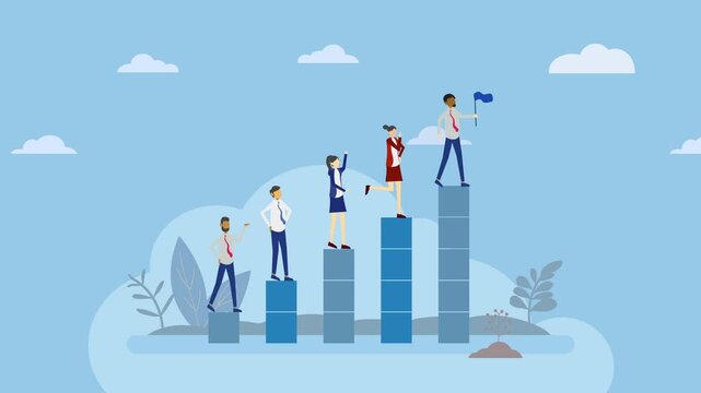 Business team climbing growth chart for career success.