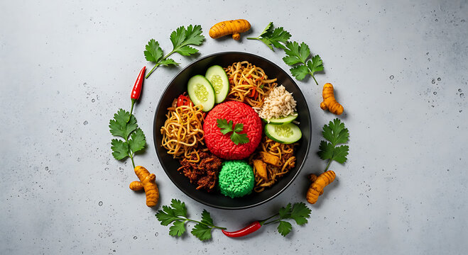 Colorful noodle bowl with fresh vegetables and herbs.