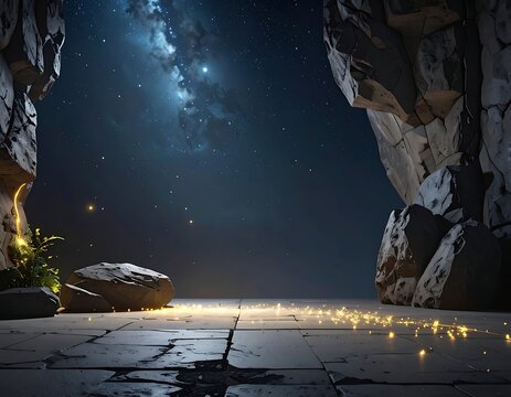 Night sky view through rocky landscape.