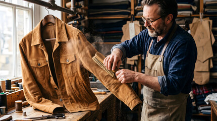 Naklejka premium Skilled male tailor meticulously working on a premium brown suede jacket in a rustic workshop.