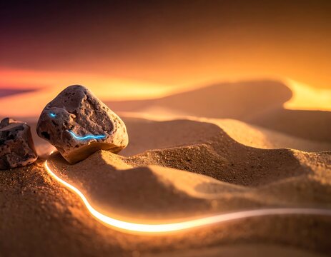 Rocky desert landscape with glowing sand.
