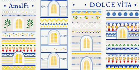 italian coastal buildings vector illustration with lemon motifs architecture windows doors blue yellow white pattern design graphic art travel holiday © Asit