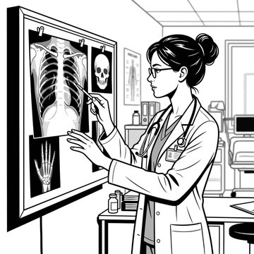 Female doctor analyzing chest and hand X-ray images.