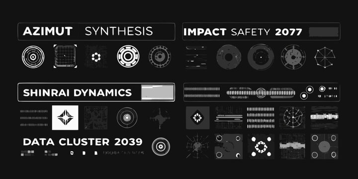 futuristic technology logos collection on black background badges icons symbols design graphic vector white elements science innovation future digital interface