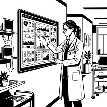 Female doctor analyzing health data on large digital screen.