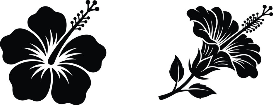 Black hibiscus flower silhouette vector collection featuring tropical floral blooms with stems and leaves for elegant summer design patterns