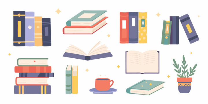 colorful books stack in flat illustration style reading literature education library knowledge study bookshelf open book closed cup plant sparkles