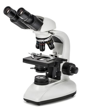 Professional Laboratory Microscope with Precision Adjustment Knobs and Glass Slides Isolated on White Background