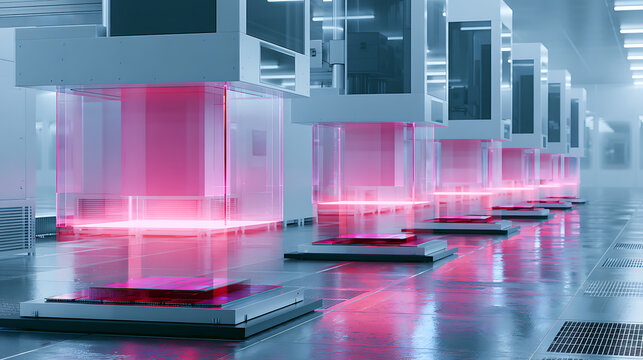 A row of photolithography machines shining bright light on silicon wafers in factory environment (3)
