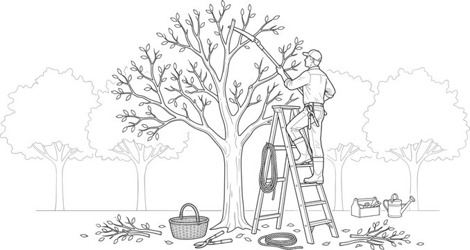 Gardener pruning a large tree in an orchard line art illustration for coloring book and gardening themesv