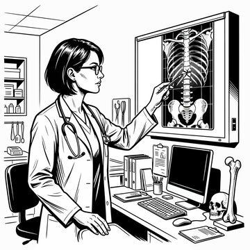 Female doctor examining chest X-ray in medical office.