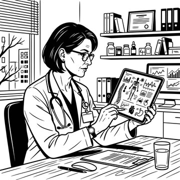 Female doctor examining medical scans on digital tablet in office.