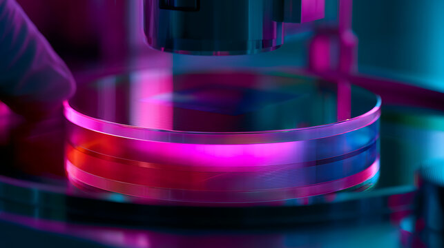 Close-up of a silicon wafer being cleaned and inspected under bright light (2)