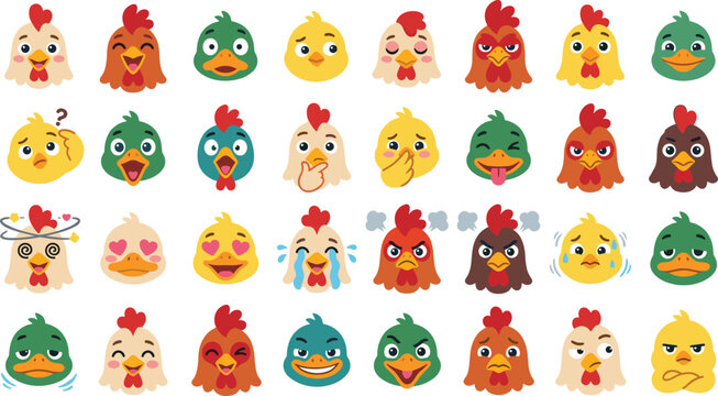 Cute Chicken and Duck Emoji Faces Collection with Funny Bird Expression Vector Icons