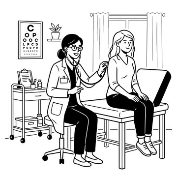 Female doctor examining woman with stethoscope in clinic.