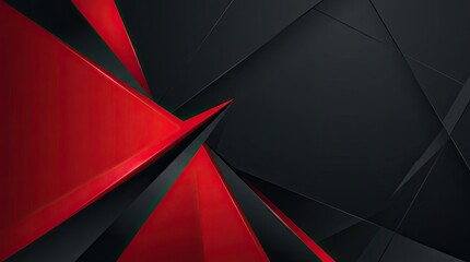 Obraz premium A dynamic abstract background features sharp, angular shapes in black, red, and white. The design incorporates intersecting triangles and polygons, creating a sense of movement and tension.