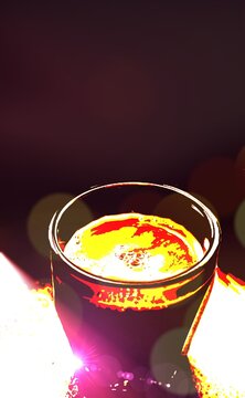 A vibrant, high-contrast pop art illustration of a glass of espresso coffee with rich crema, glowing effects, and a dark bokeh background. Perfect for modern cafe decor.