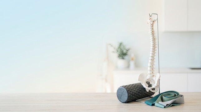 A human skeleton model rests on a wooden table next to a foam roller and resistance bands. The model is positioned against a light blue wall in a modern kitchen setting.