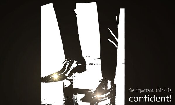 High contrast monochrome illustration of a businessman in shiny dress shoes with a motivational quote about confidence. Perfect for success and corporate lifestyle concepts.
