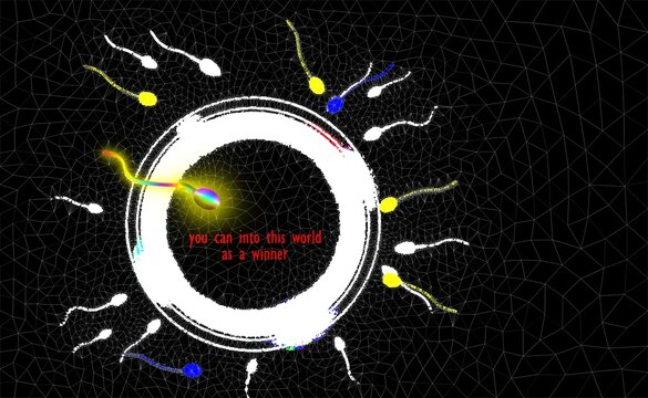 Abstract fertility concept featuring sperm cells surrounding an egg, symbolizing conception, reproduction, IVF, fertility treatment, pregnancy, life, biology, and human reproduction.