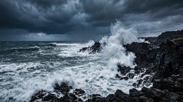 A powerful ocean wave crashes dramatically against a rugged, black volcanic coastline during a stormy weather event. Dark, ominous clouds fill the sky, creating a dramatic and intense atmosphere.