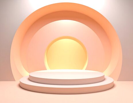 A minimalist 3D rendering of a two-tiered peach-colored platform with a large archway and circular cutout behind, illuminated by soft lighting