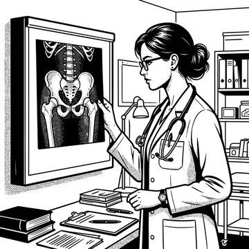 Female doctor examining pelvic x-ray in office.