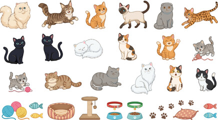 Fototapeta premium Cute Cartoon Cat Breed Vector Illustration Set Featuring Persian Siamese Bengal Tabby Calico Kittens with Toy Balls Scratching Post and Pet Care Accessories