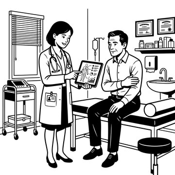 Female doctor explaining medical diagram on tablet to patient.