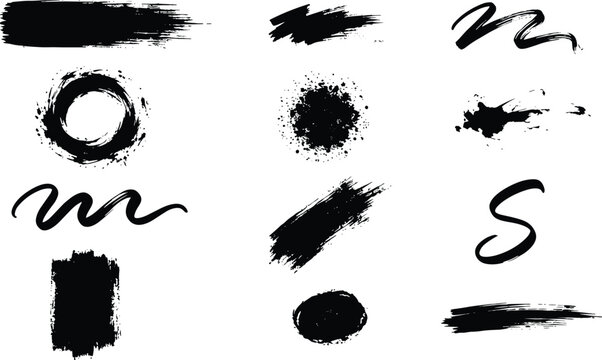 Black ink brush stroke set featuring artistic paint splatters textured circles and creative grunge smudges isolated on white vector