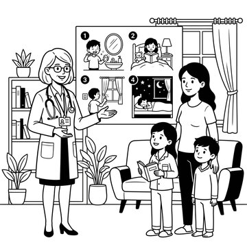 Female doctor explaining sleep routine to family in office.