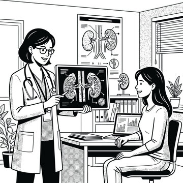 Female doctor explaining kidney scan results to female patient.