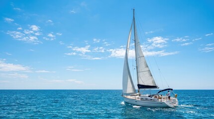 Fototapeta premium A white sailboat glides across a blue ocean under a clear, bright sky. The sailboat is sailing with its sails fully extended, moving forward through the water.