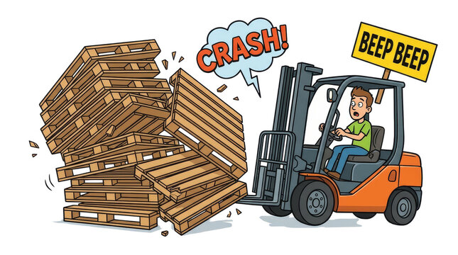 Warehouse Safety Concept Forklift Crashing into Stacked Wooden Pallets Cartoon Illustration